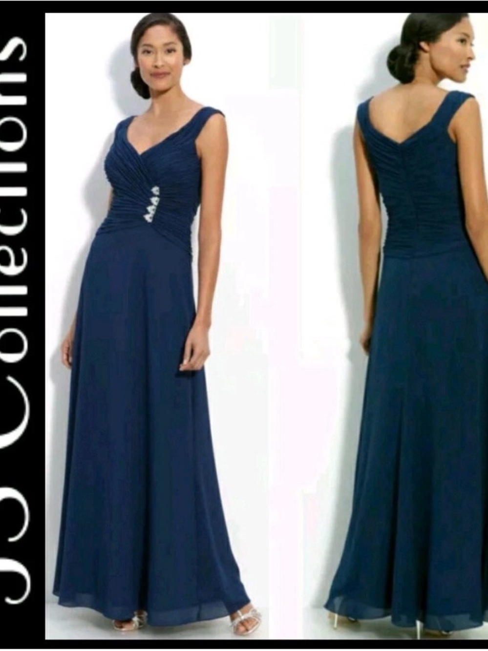 JS Collections Navy V-Neck Ruched Chiffon Maxi Dress Size 14
